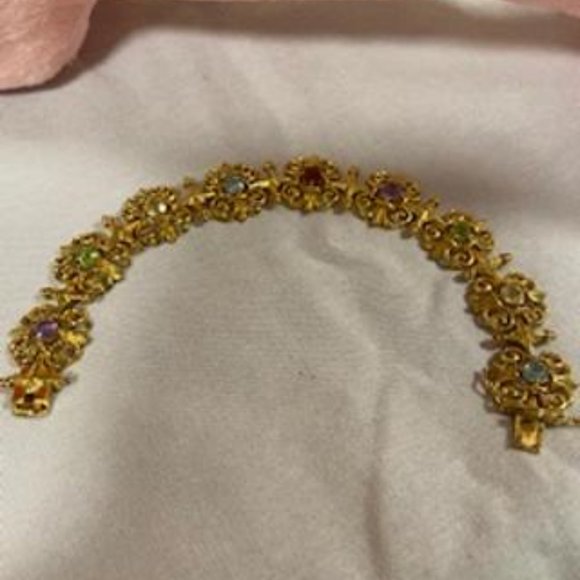 VINTAGE TECHNIBOND GOLD TONE MULTI-COLOR GEM BRACELET 7" - Picture 6 of 9